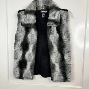 Gray, Black White Faux Fur Lined Front Sweater Back Vest w Collar & Front Zipper
